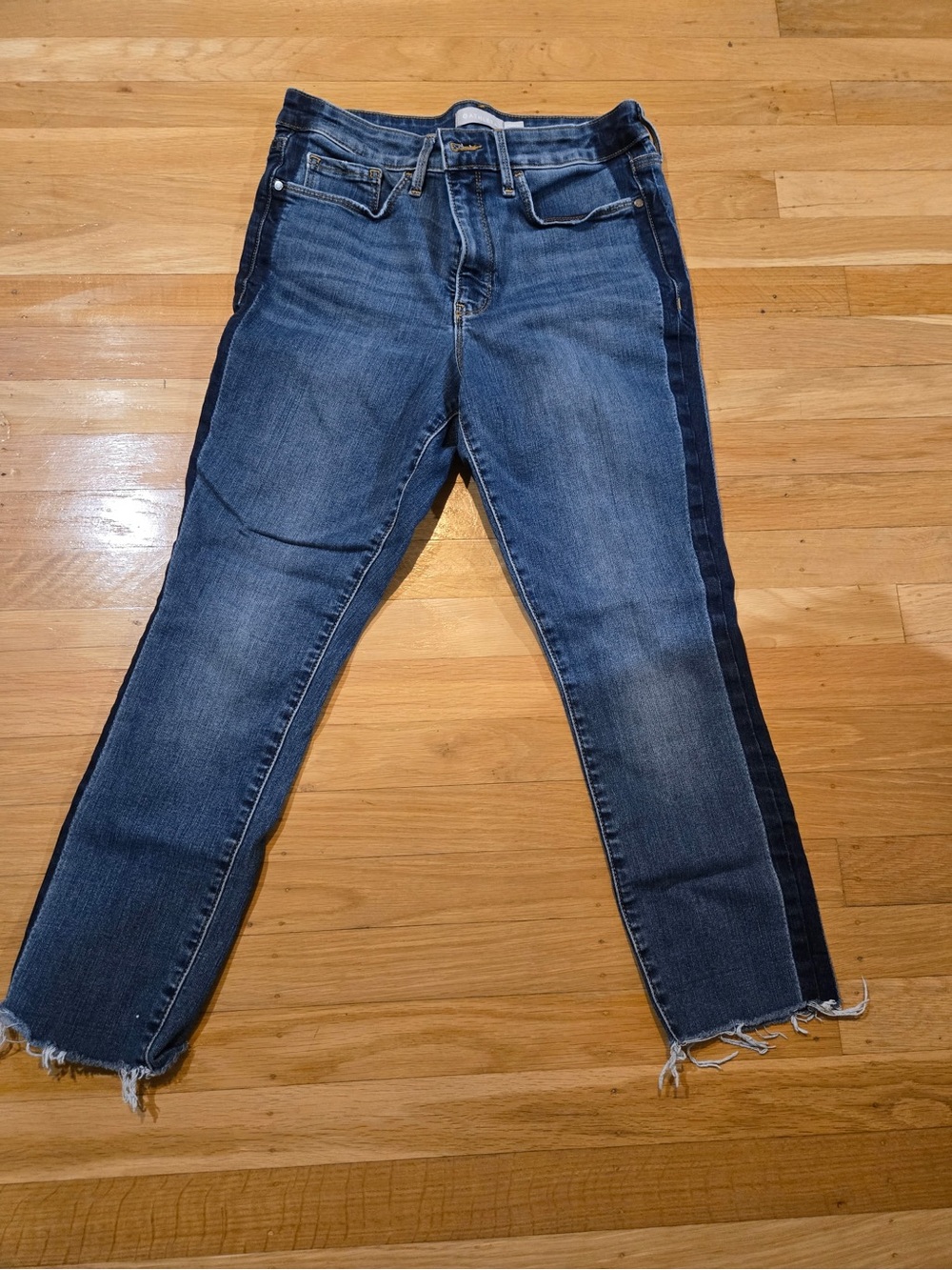 Athleta Contrast-Panel Dark and Medium Blue Cropped Jeans